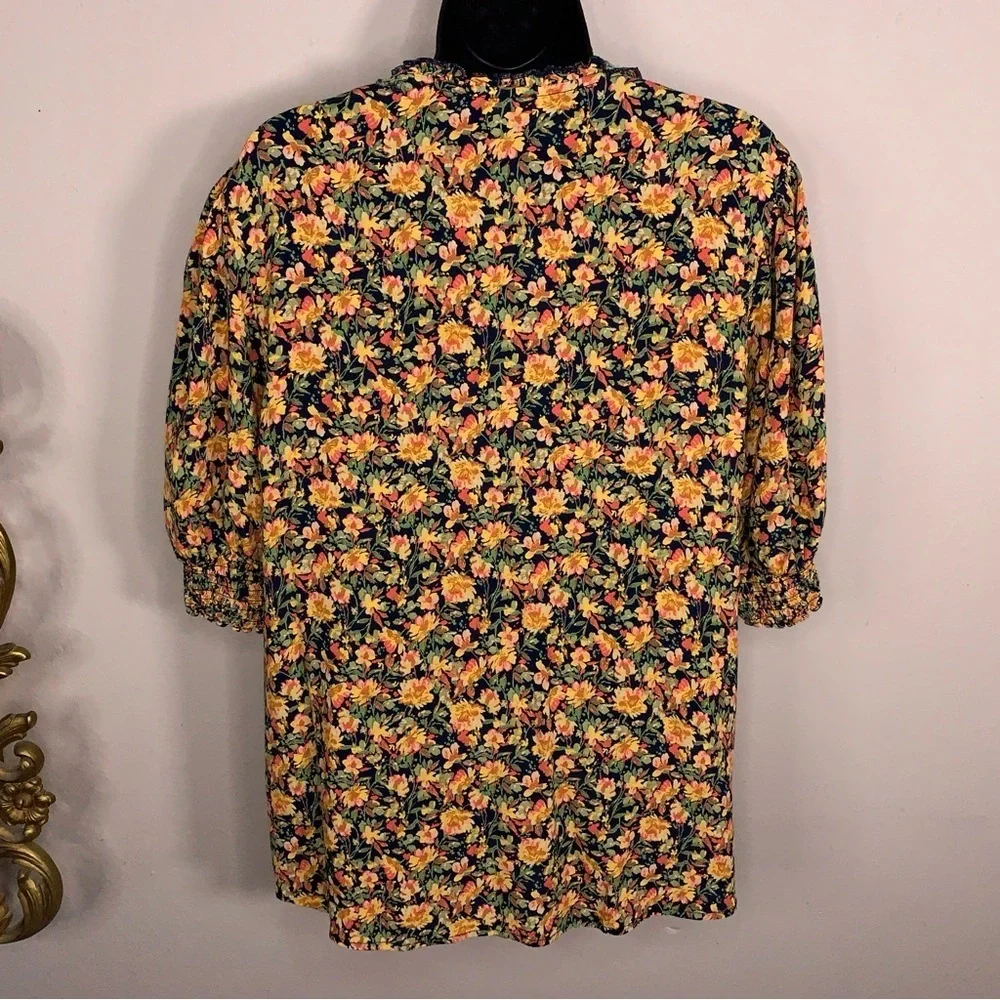 1X Terra And Sky Colorful Floral Peasant Top Orange Yellow Black Sweetheart Neck